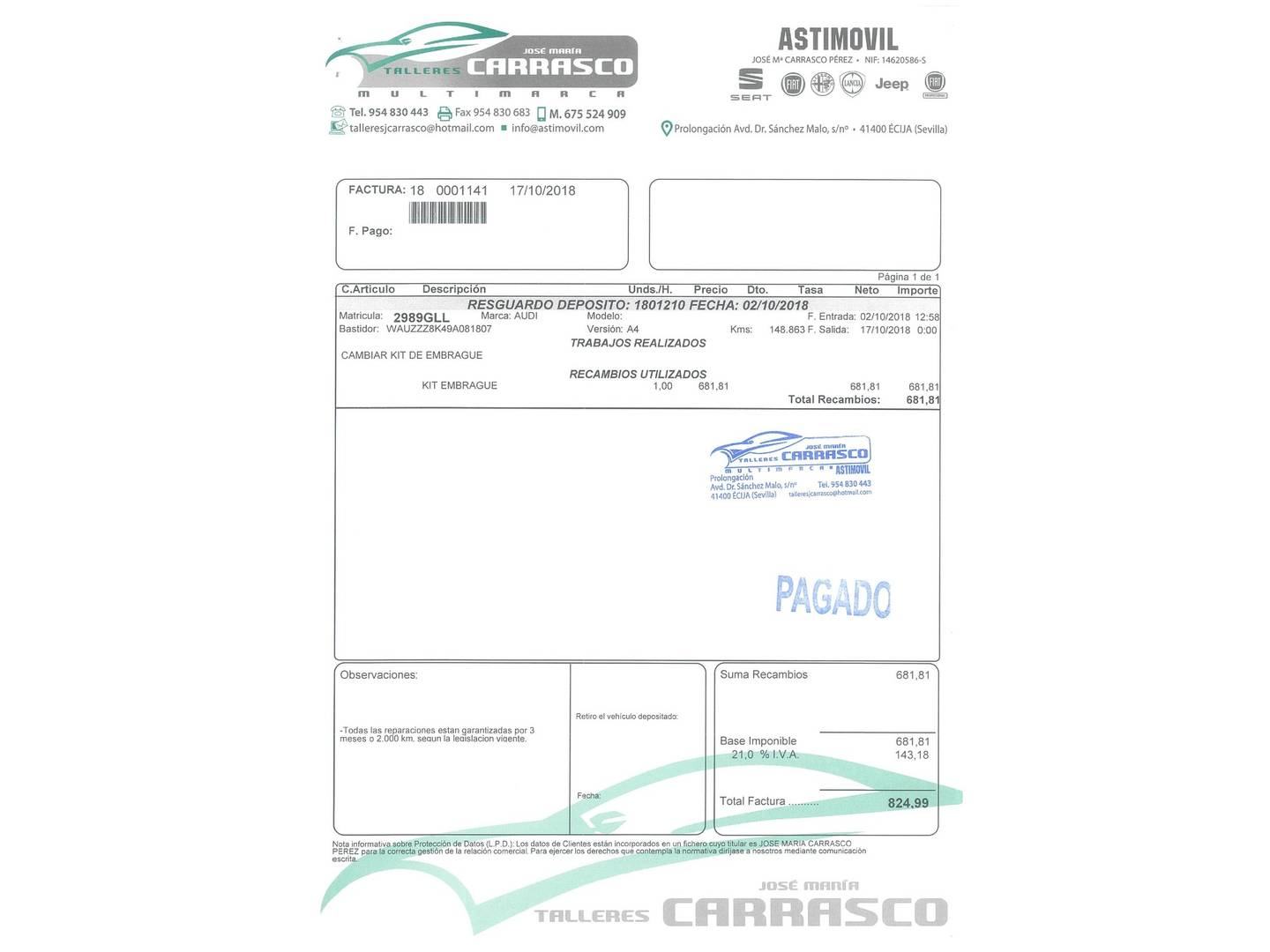 Foto del mantenimiento del Audi A4 Audi A4 Avant 2.0 TDI DPF (143 CV)