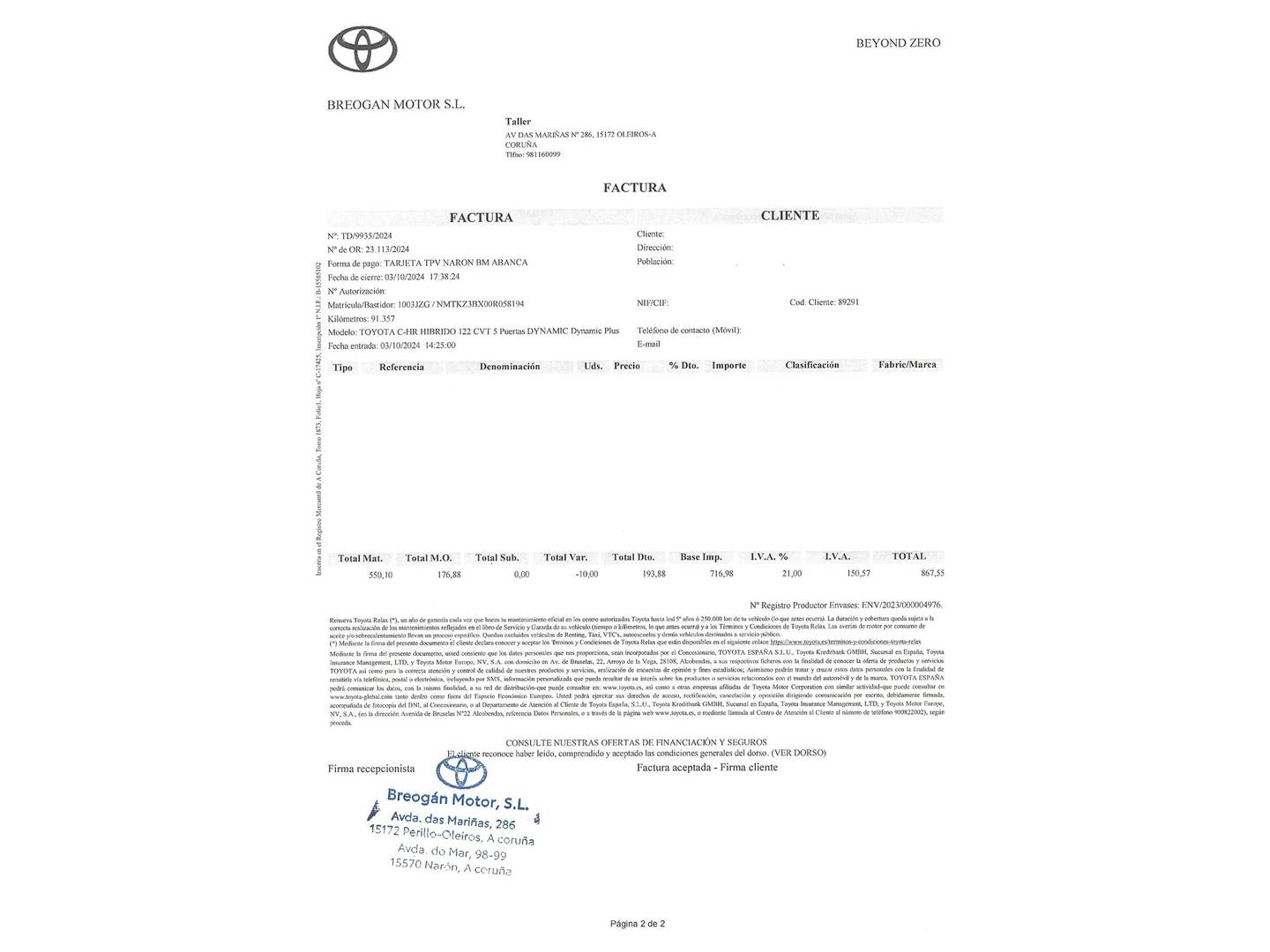 Foto del mantenimiento del Toyota C-HR Toyota C-HR 1.8 125H Advance (122 CV)