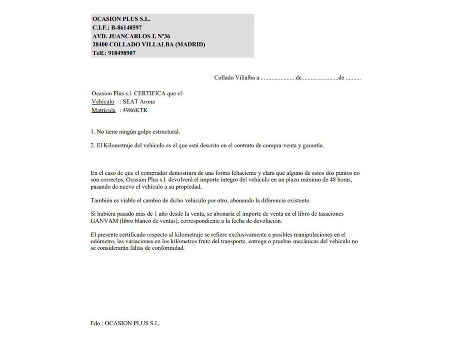 Foto del certificado del Seat Arona Seat Arona 1.0 TSI Ecomotive Reference Plus (95 CV)