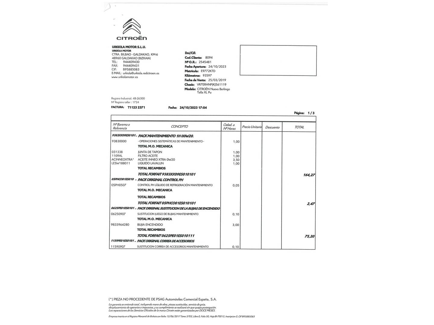 Foto del mantenimiento del Citroën Berlingo Citroën Berlingo PureTech 110 S&S Talla XL Shine (110 CV)