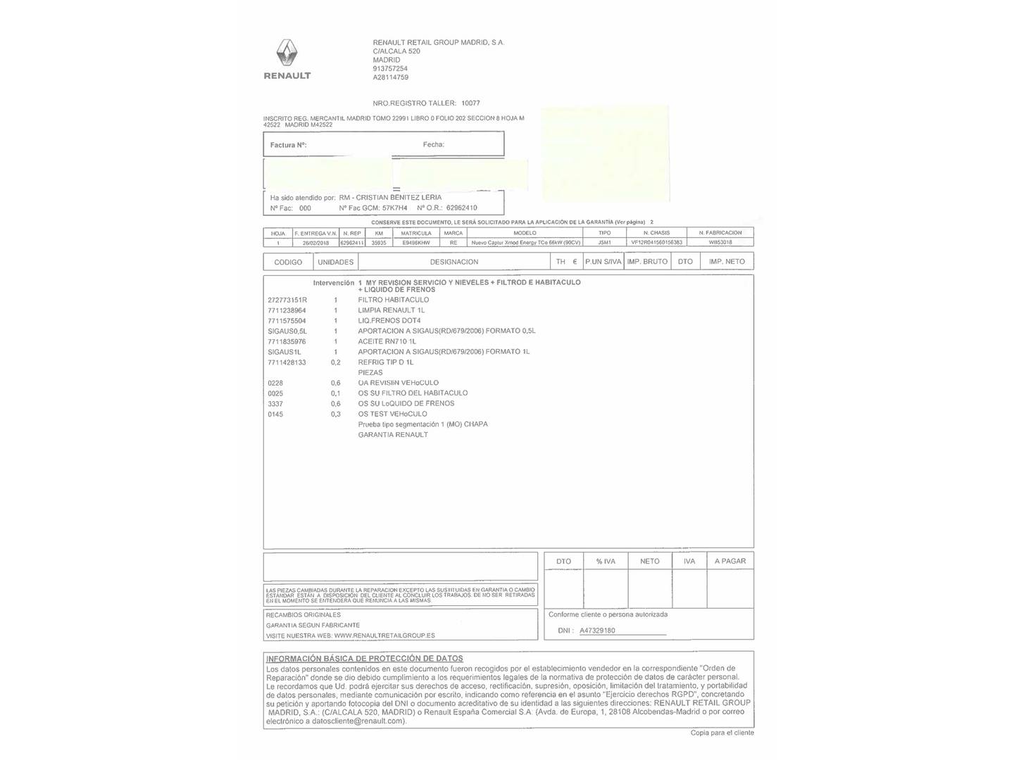 Foto del mantenimiento del Renault Captur Renault Captur TCe 90 Xmod Energy (90 CV)