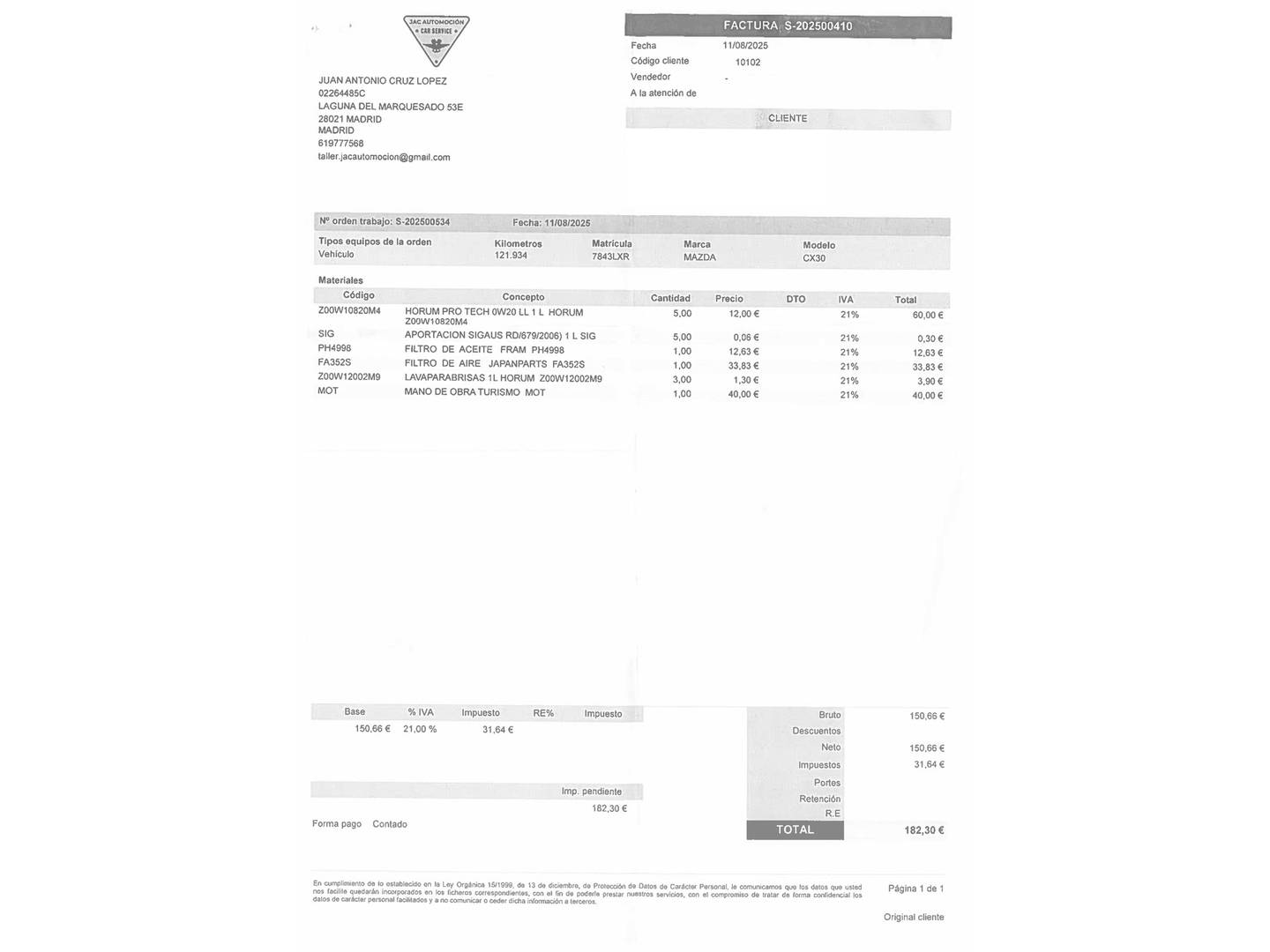Foto del mantenimiento del Mazda CX-30 Mazda CX-30 2.0 e-Skyactiv-X Zenith (186 CV)