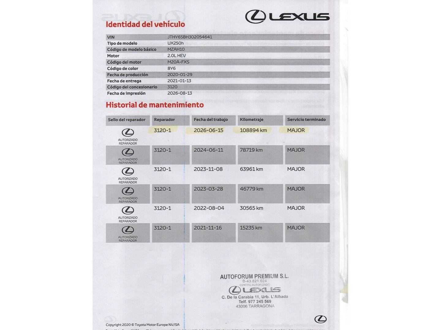 Foto del certificado del Lexus UX Lexus UX UX 250h F Sport (184 CV)
