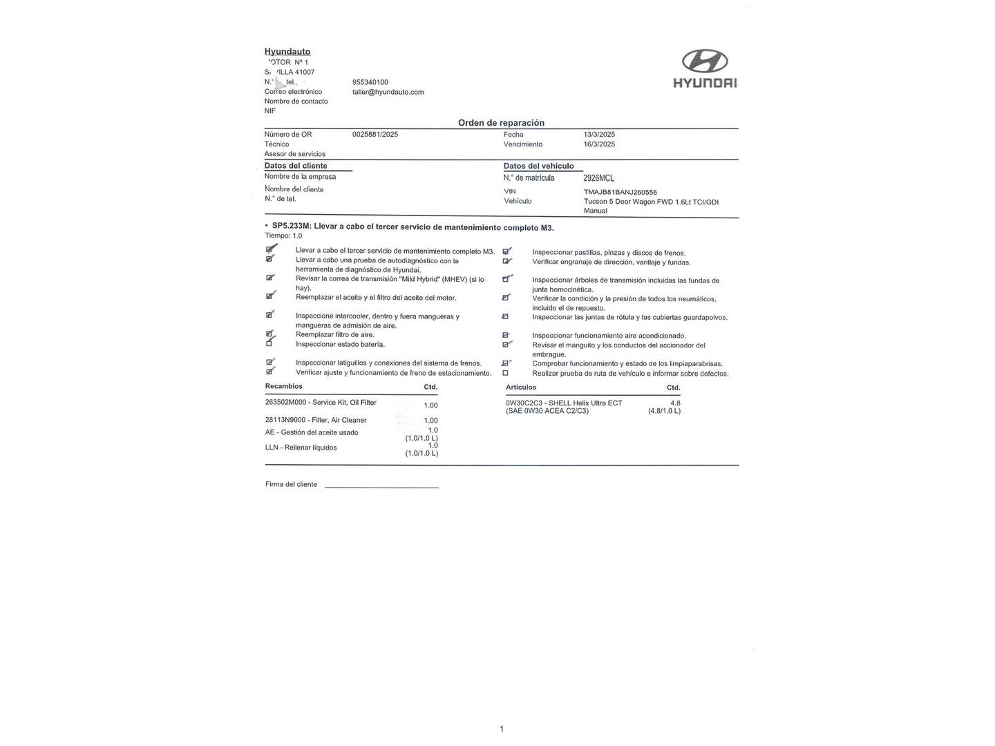 Foto del mantenimiento del Hyundai Tucson Hyundai Tucson 1.6 TGDI Klass 4x2 (150 CV)