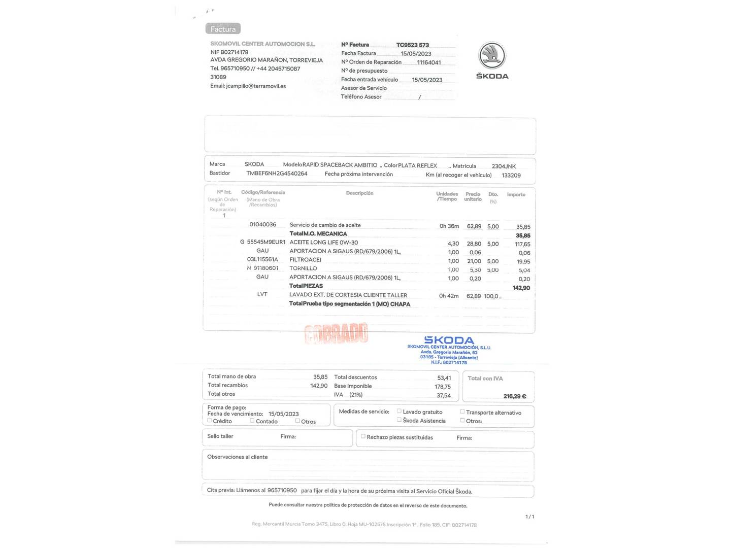 Foto del mantenimiento del Skoda Spaceback Skoda Spaceback 1.4 TDI Ambition DSG (90 CV)