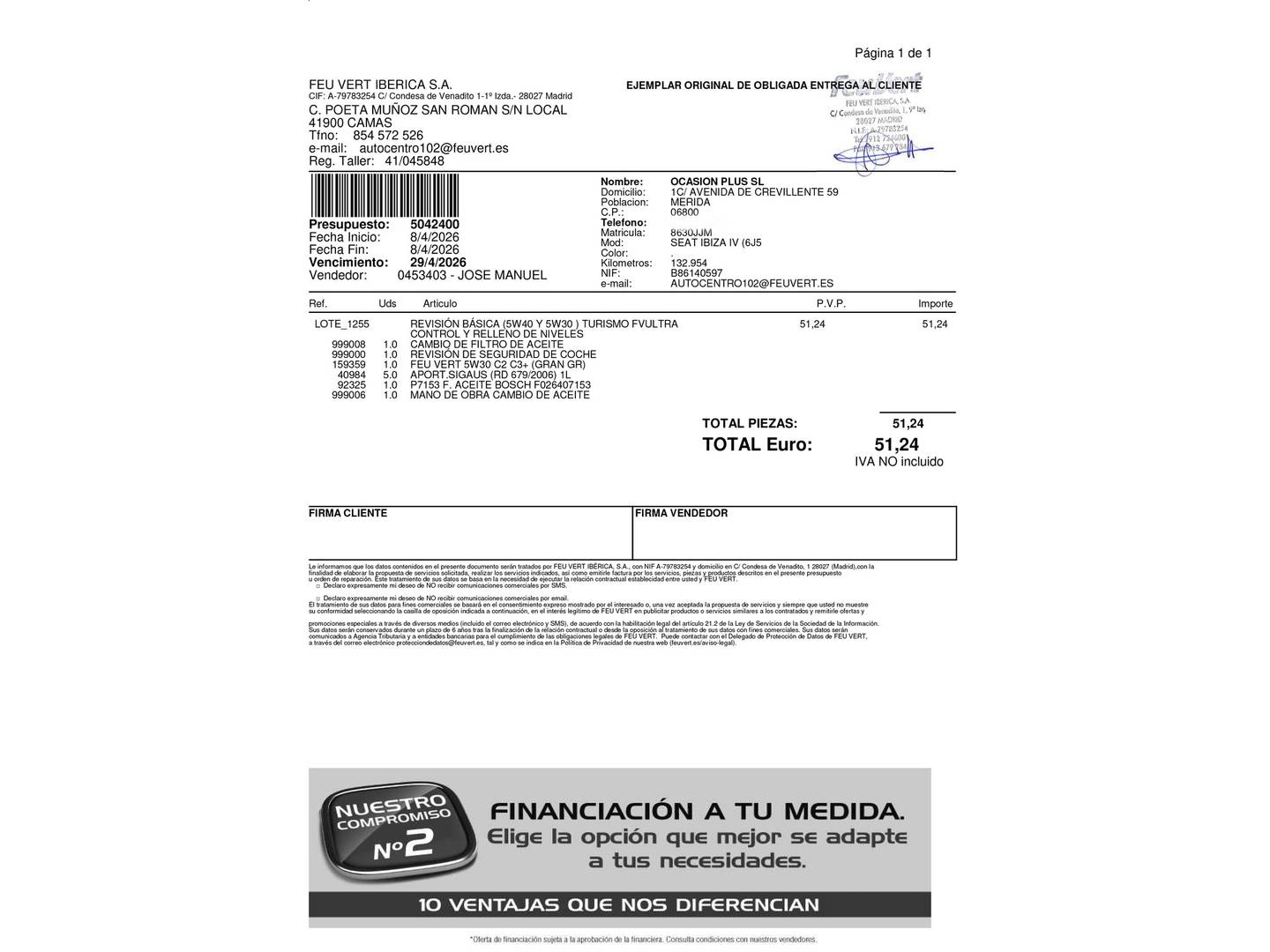 Foto del mantenimiento del Seat Ibiza Seat Ibiza 1.4 TDI Reference Plus (90 CV)