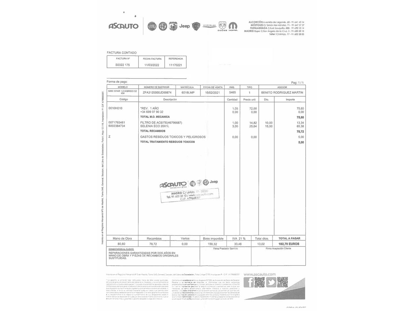 Foto del mantenimiento del Fiat 500C Fiat 500C 1.0 Hybrid Dolcevita (70 CV)