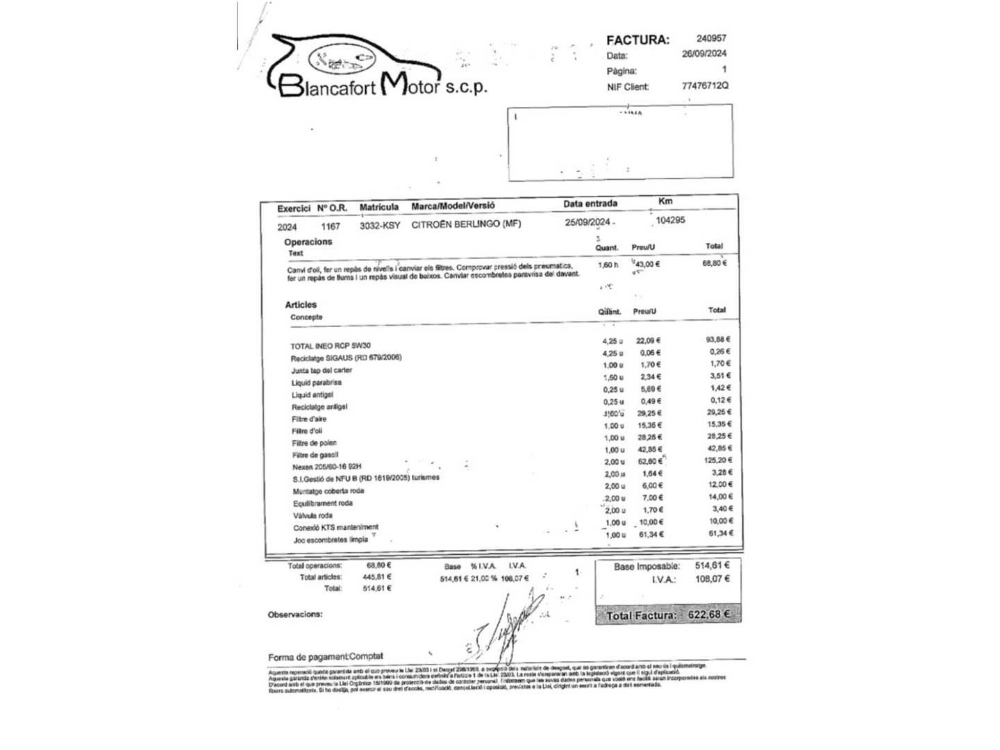 Foto del mantenimiento del Citroën Berlingo Citroen Berlingo BlueHDi 130 S&S Talla M Shine (130 CV)