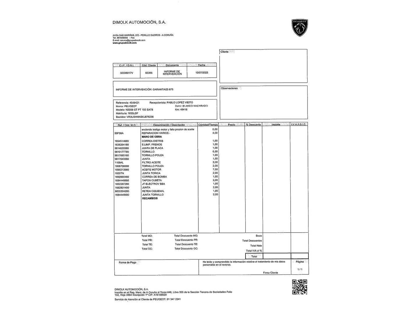 Foto del mantenimiento del Peugeot 2008 Peugeot 2008 PureTech 155 S&S GT EAT8 (155 CV)