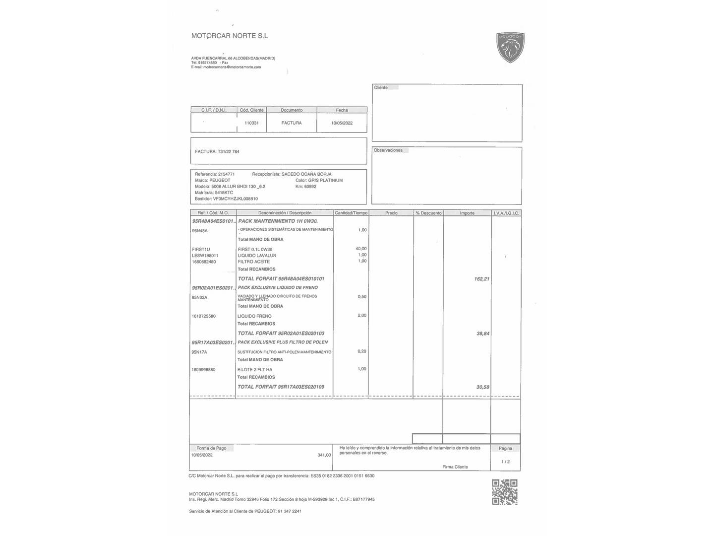 Foto del mantenimiento del Peugeot 5008 Peugeot 5008 BlueHDi 130 S&S Allure (130 CV) 7 Plazas