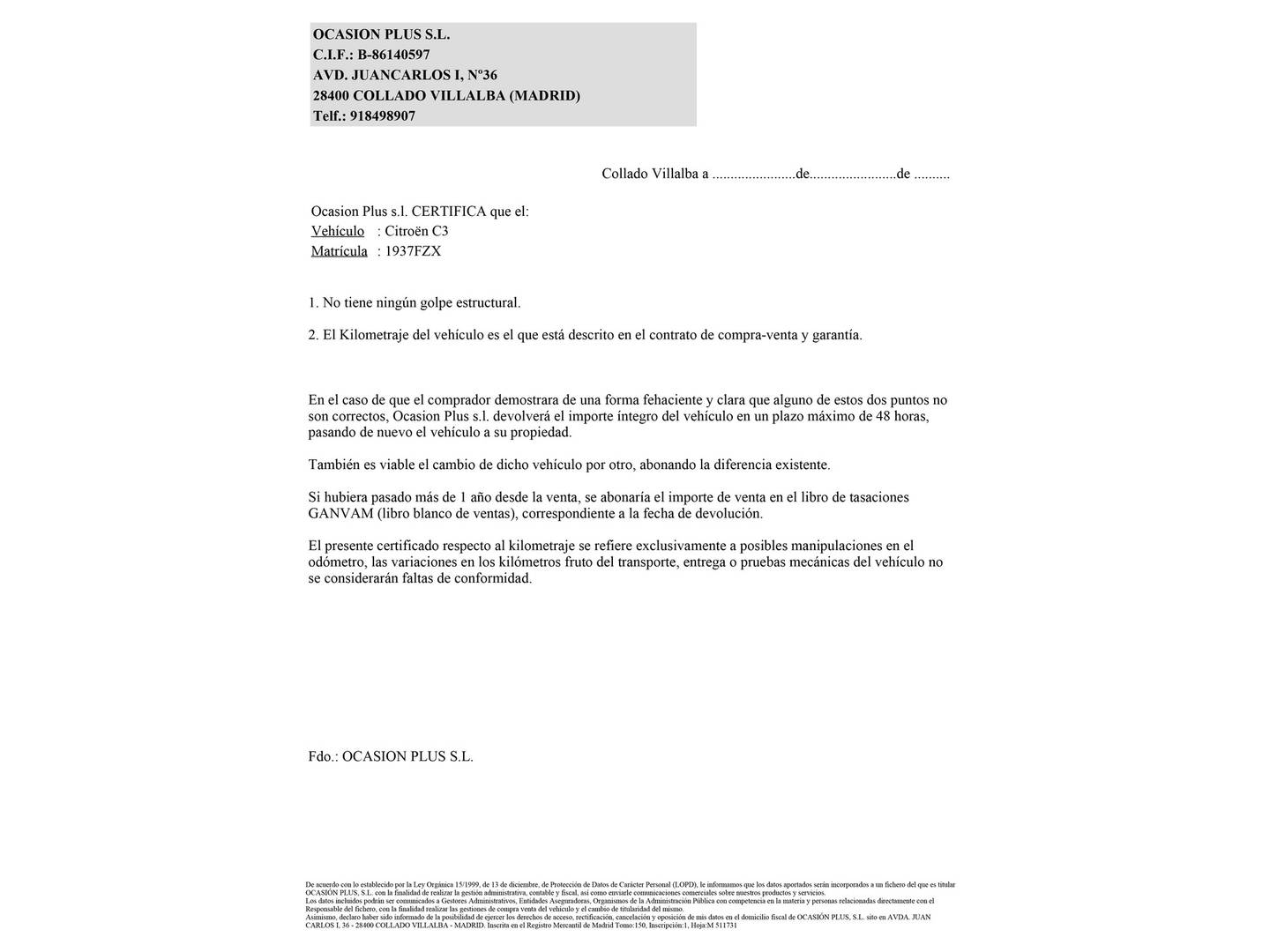 Foto del certificado del Citroën C3 Citroen C3 1.4i Audace (75 CV)