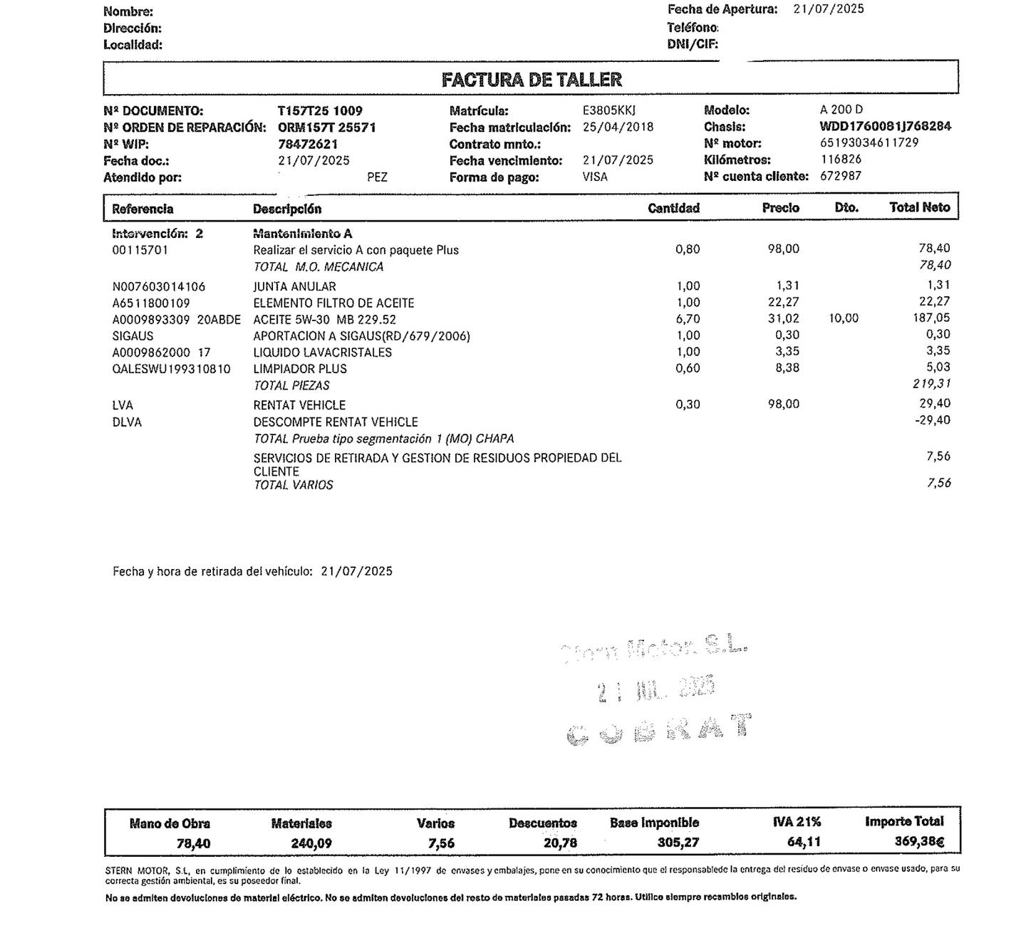 Foto del mantenimiento del Mercedes Clase A Mercedes-Benz Clase A 200 d (136 CV) Pack AMG