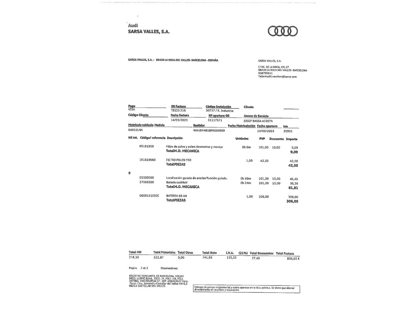 Foto del mantenimiento del Audi Q3 Audi Q3 Attraction 2.0 TFSI quattro (170 CV) S tronic 4x4