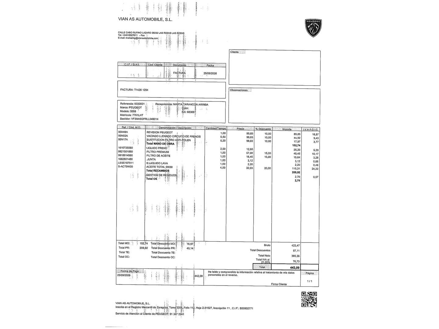 Foto del mantenimiento del Peugeot 5008 Peugeot 5008 PureTech 180 GT Line EAT8 (180 CV) 7 Plazas
