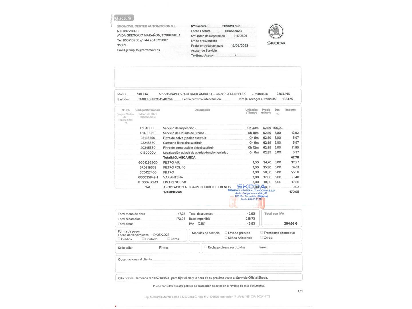 Foto del mantenimiento del Skoda Spaceback Skoda Spaceback 1.4 TDI Ambition DSG (90 CV)