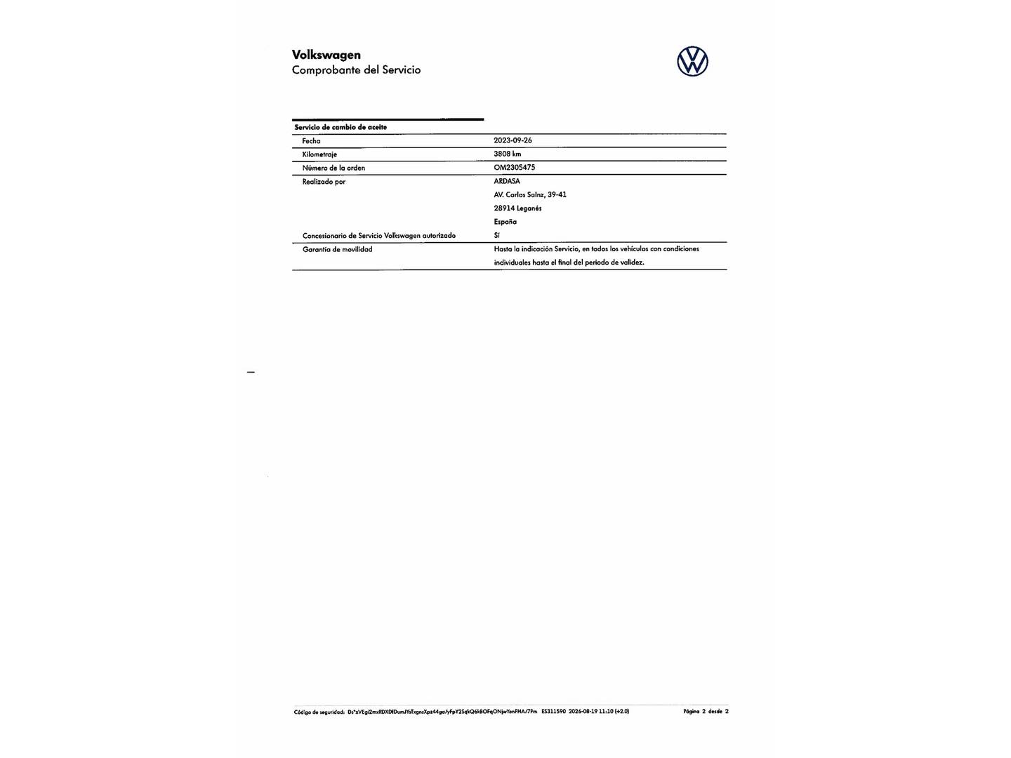 Foto del mantenimiento del Volkswagen Polo Volkswagen Polo Life 1.0 TSI (110 CV) DSG