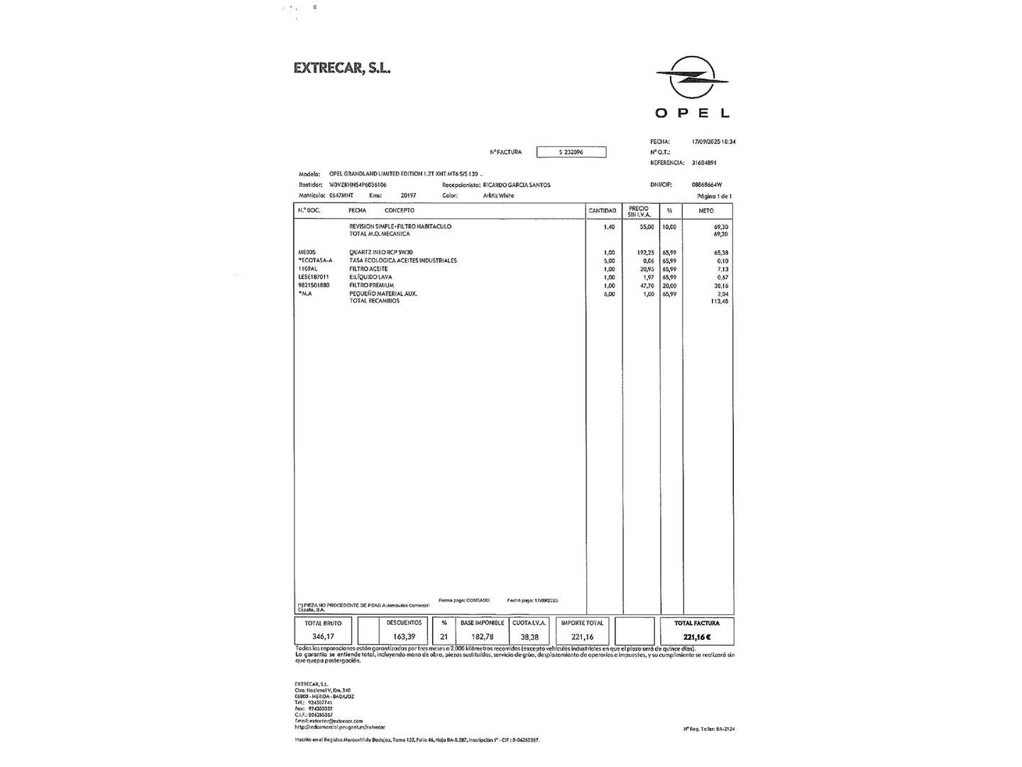 Foto del mantenimiento del Opel Grandland Opel Grandland 1.2 Turbo XHT S&S GS (130 CV)
