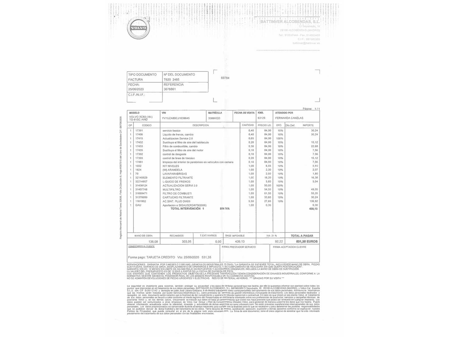 Foto del mantenimiento del Volvo XC60 Volvo XC60 D4 Inscription AWD Auto (190 CV)