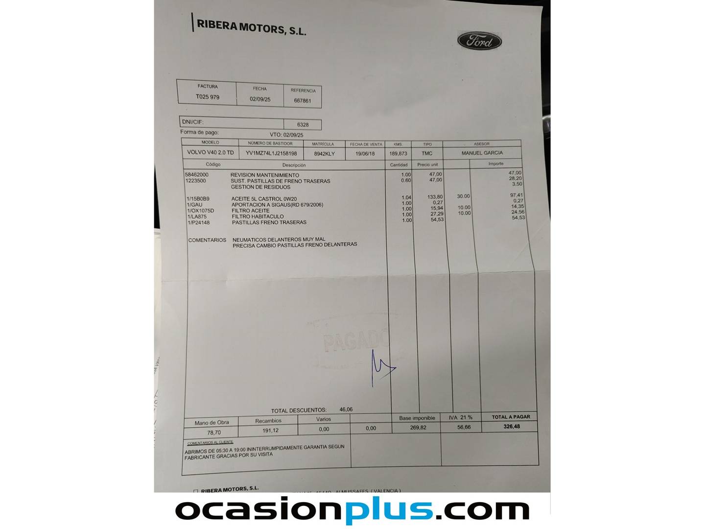 Foto del mantenimiento del Volvo V40 Cross Country Volvo V40 Cross Country D2 Momentum (120 CV)