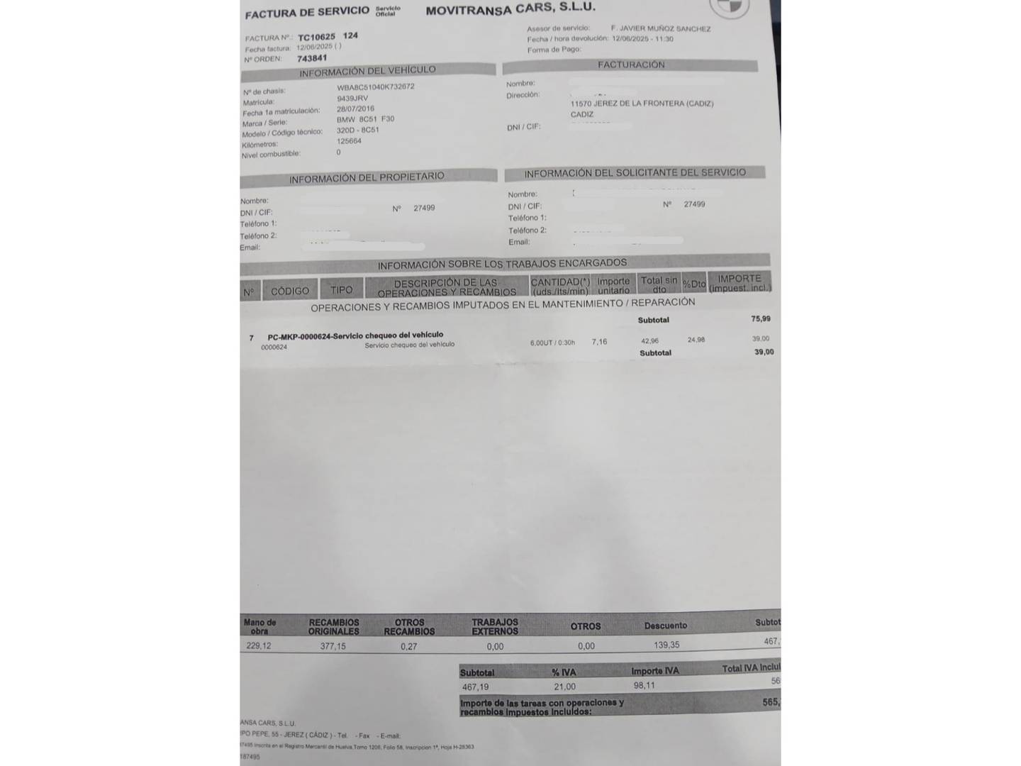 Foto del mantenimiento del BMW Serie 3 BMW Serie 3 320d (190 CV) Pack M