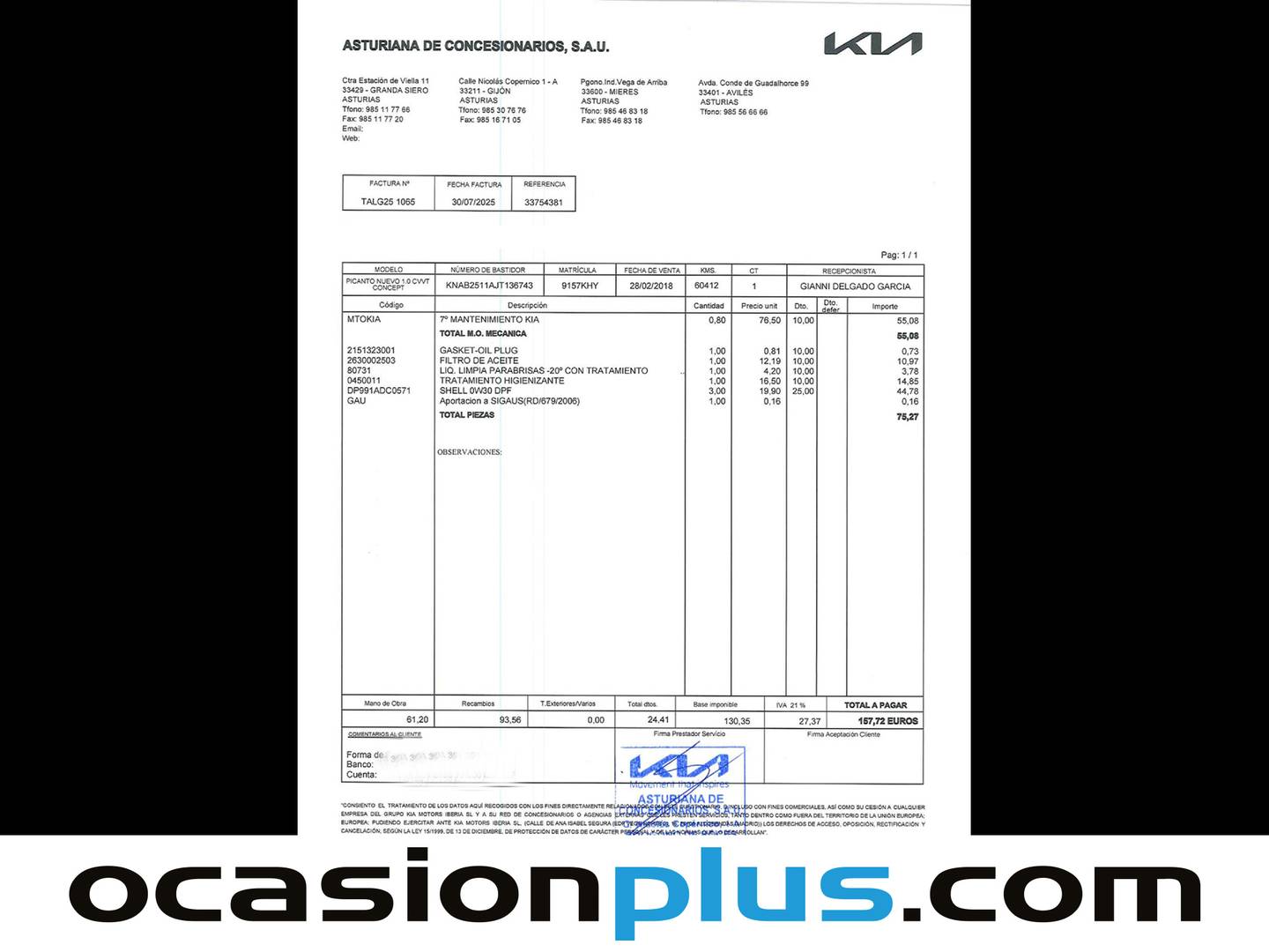Foto del mantenimiento del KIA Picanto KIA Picanto 1.0 CVVT Concept (67 CV)