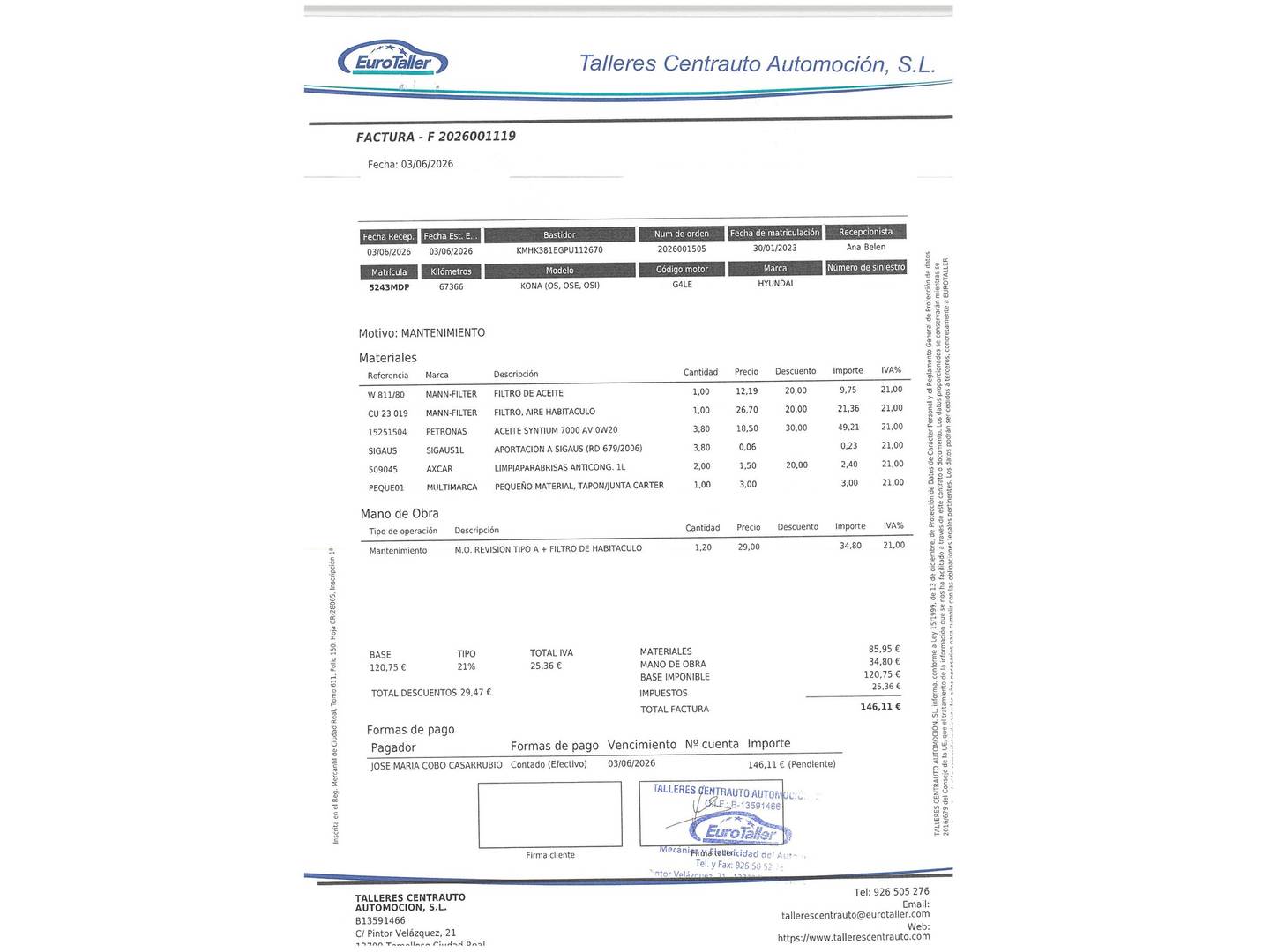 Foto del mantenimiento del Hyundai Kona Hyundai Kona 1.6 GDI HEV Tecno 2C DCT (141 CV)