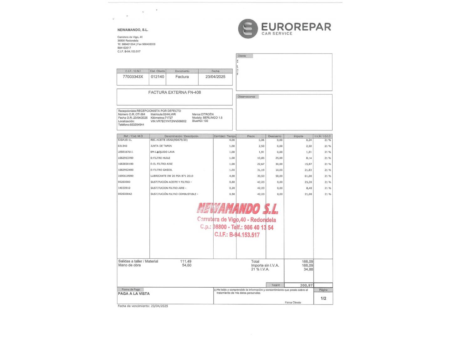 Foto del certificado del Citroën Berlingo Citroën Berlingo Combi BlueHDi 100 S&S Talla M Feel Pack (102 CV)