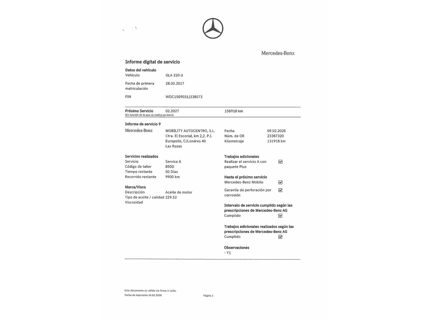 Foto del mantenimiento del Mercedes GLA Mercedes GLA 220 d AMG Line (177 CV)