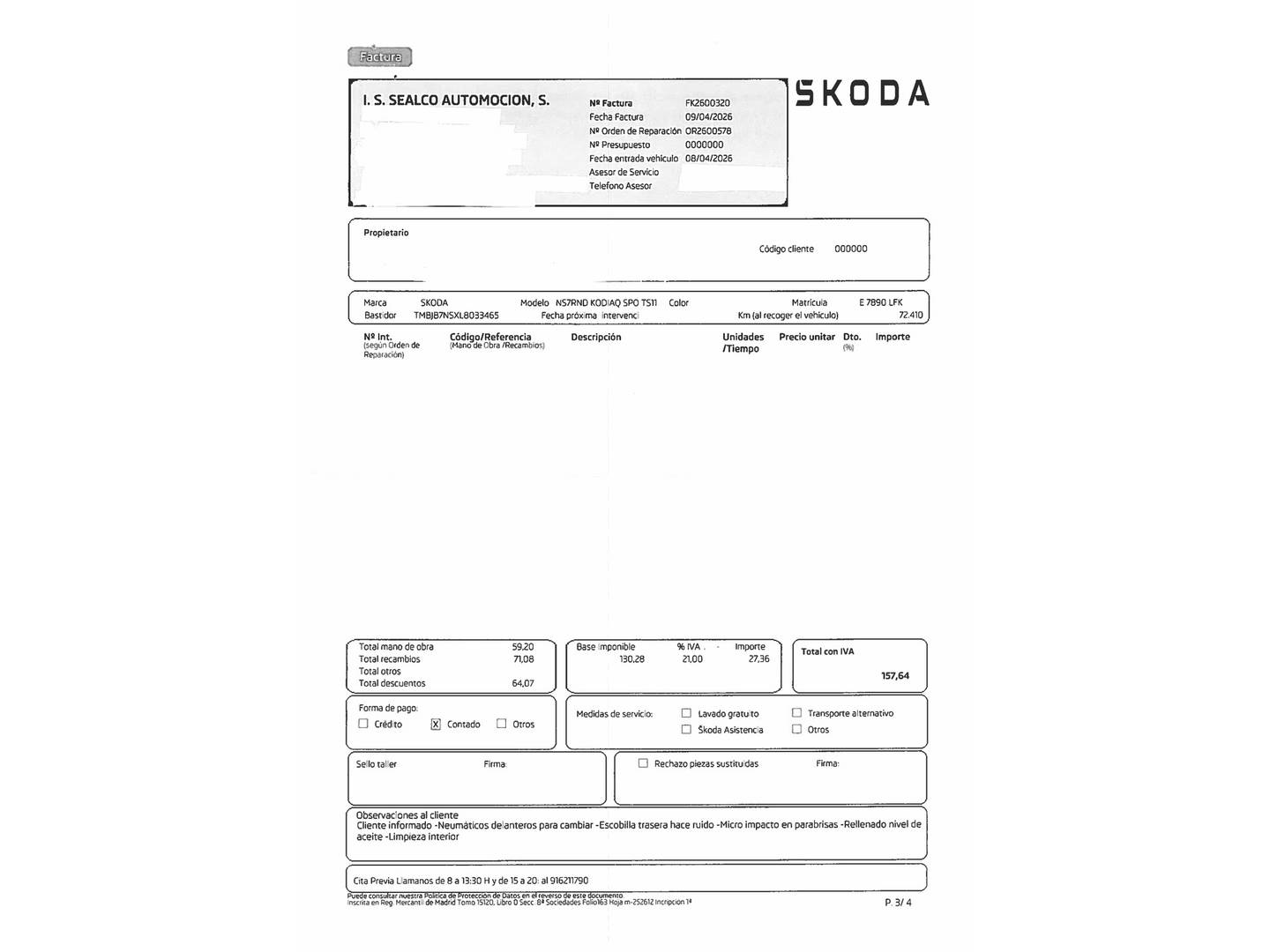 Foto del mantenimiento del Skoda Kodiaq Skoda Kodiaq 1.5 TSI Sportline 4x2 DSG (150 CV)