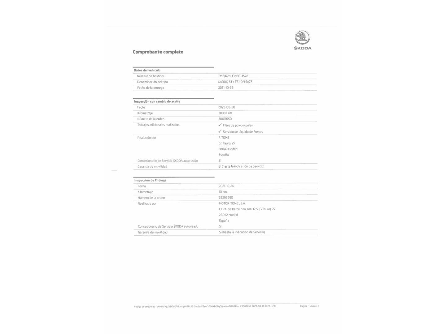 Foto del mantenimiento del Skoda Karoq Skoda Karoq 1.5 TSI ACT Style DSG (150 CV)