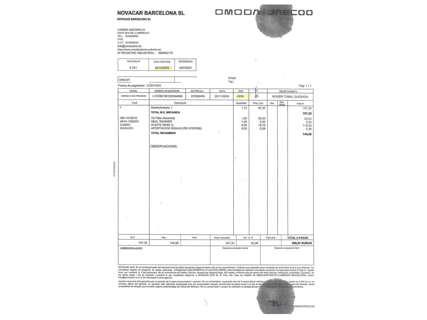 Foto del mantenimiento del OMODA 5 OMODA 5 MY25 - Premium 1.6 TGDI (145cv)