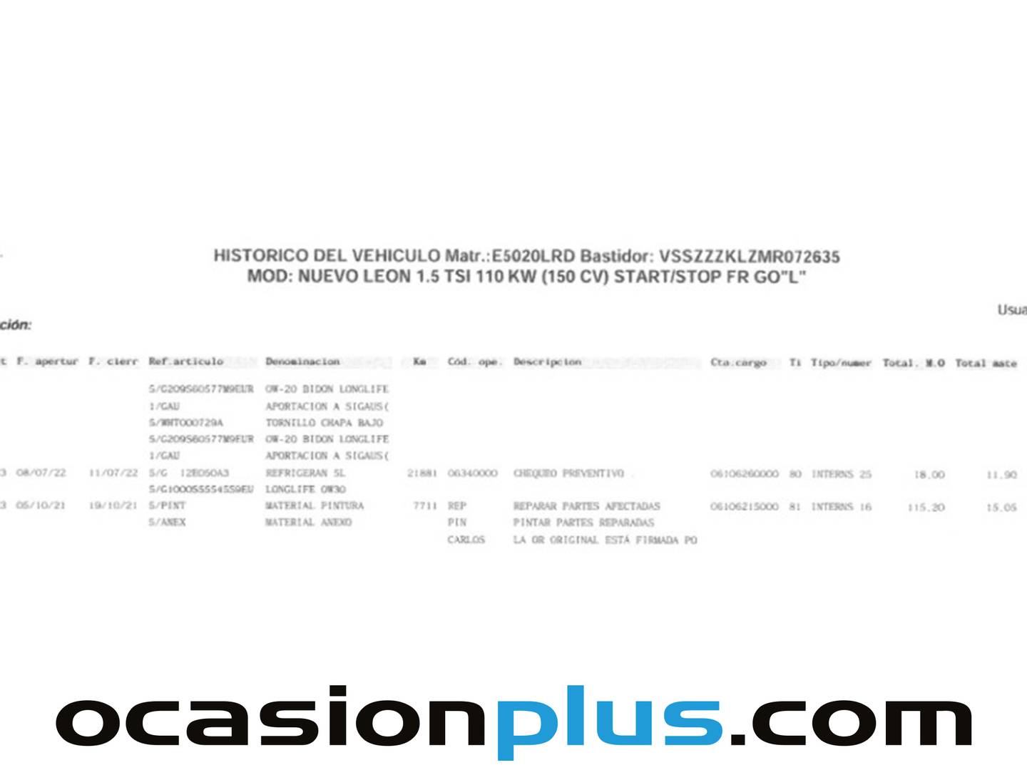 Foto del mantenimiento del Seat León Seat León 1.5 TSI S&S FR Go L (150 CV)