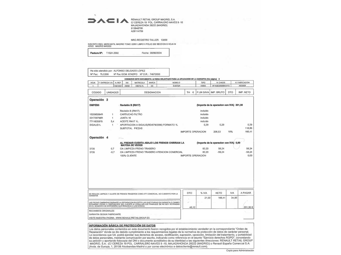 Foto del mantenimiento del Dacia Duster Dacia Duster Prestige TCE (150 CV) EDC