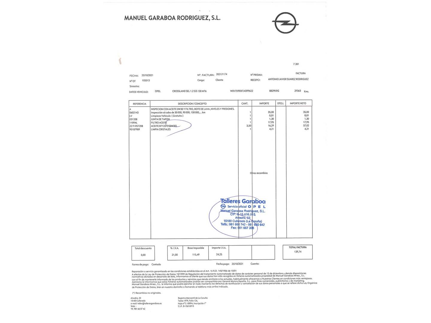 Foto del mantenimiento del Opel Crossland X Opel Grandland X 1.2 Turbo S&S Selective (130 CV)
