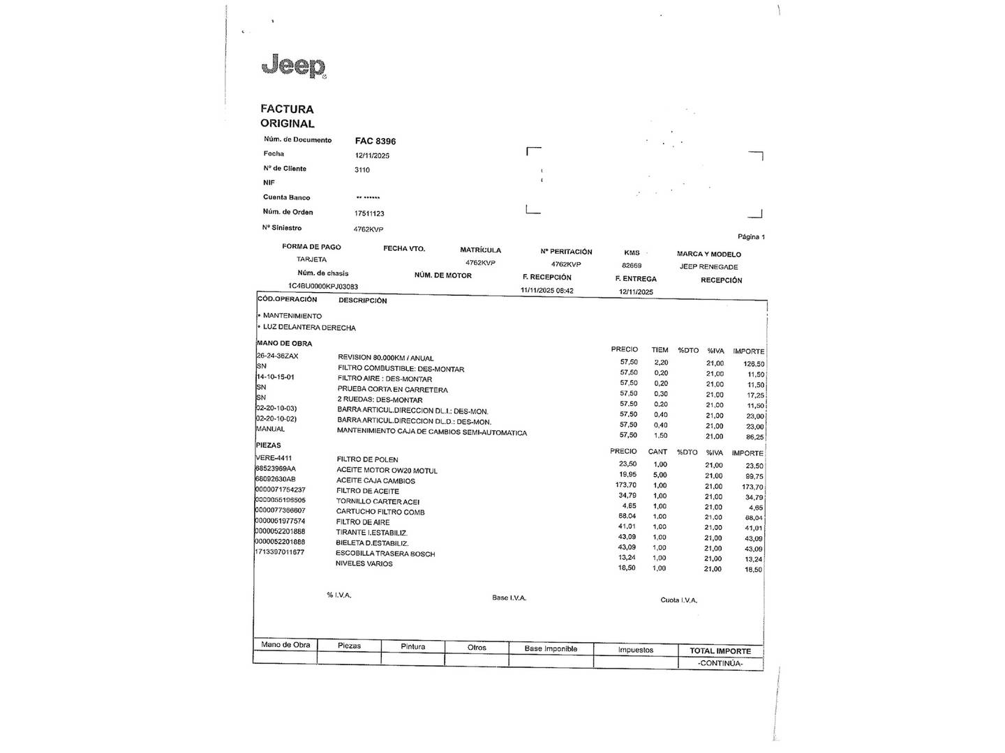 Foto del mantenimiento del Jeep Renegade Jeep Renegade 1.6 Multijet Limited 4x2 DDCT (120 CV)