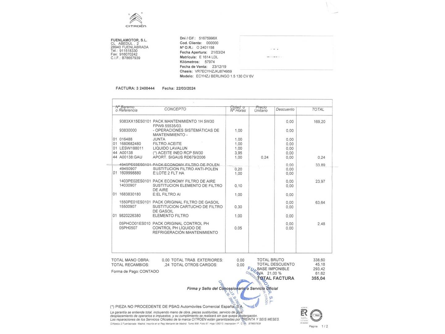 Foto del mantenimiento del Citroën Berlingo Citroen Berlingo Combi BlueHDi 130 S&S Talla M 100 años (130 CV)