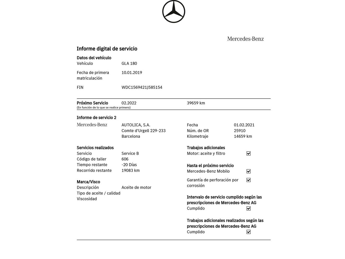 Foto del mantenimiento del Mercedes GLA Mercedes GLA 180 (122 CV) Pack AMG