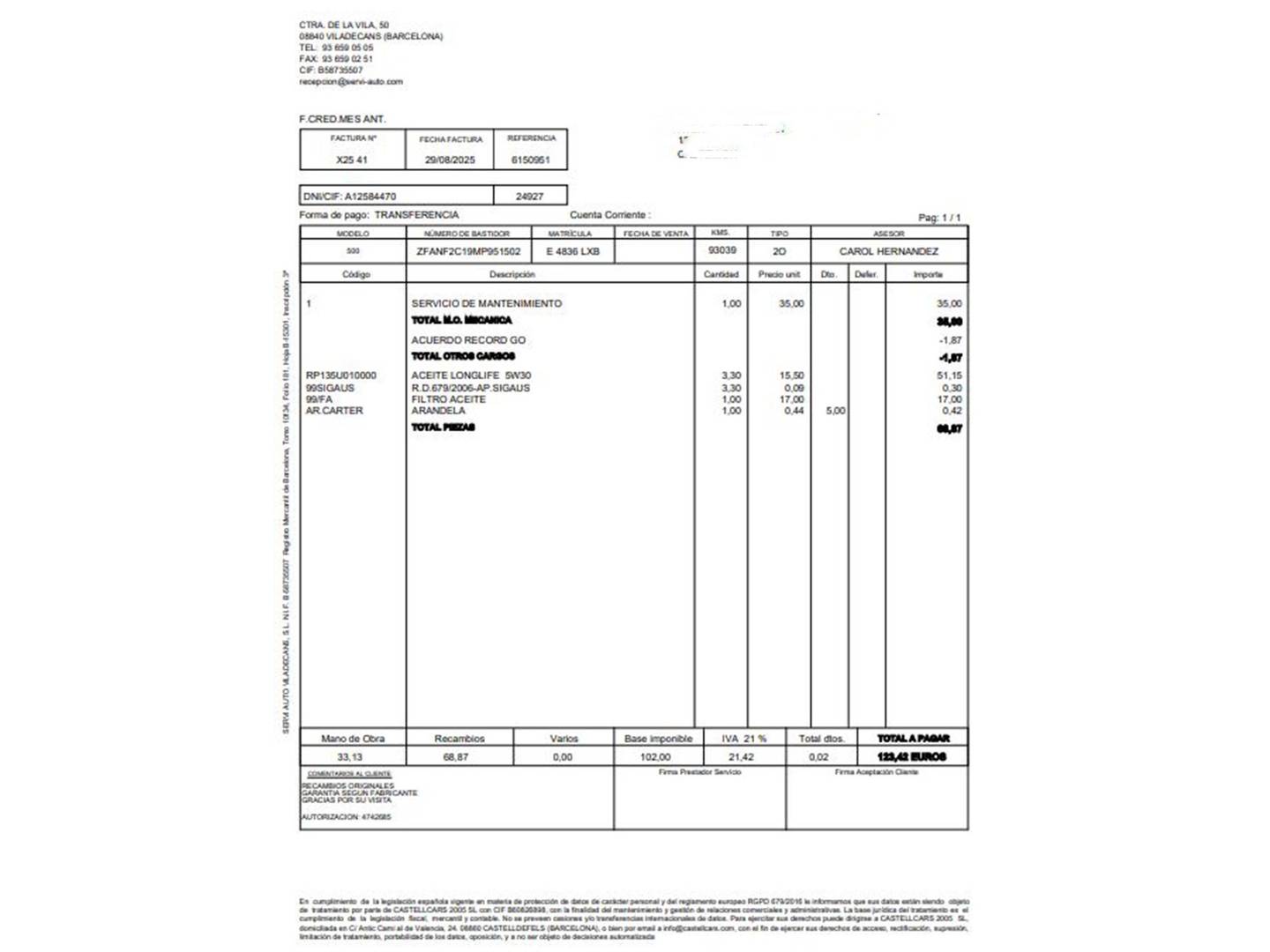 Foto del mantenimiento del Fiat 500X Fiat 500X 1.3 Firefly S&S Sport 4x2 DCT (150 CV)