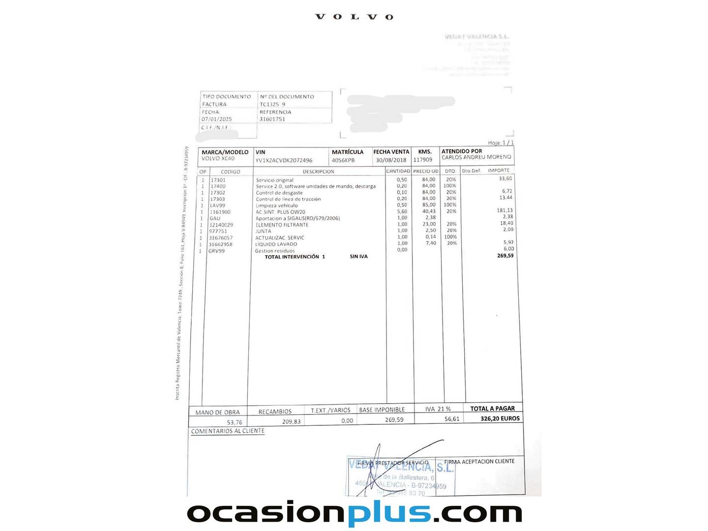 Foto del mantenimiento del Volvo XC40 Volvo XC40 T4 Momentum Auto (190 CV)