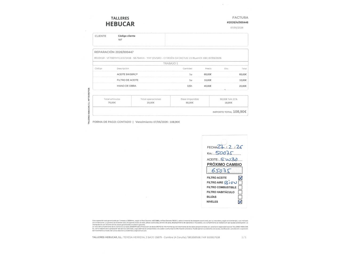 Foto del mantenimiento del Citroën C4 Cactus Citroën C4 Cactus BlueHDi 100 Shine (100 CV)