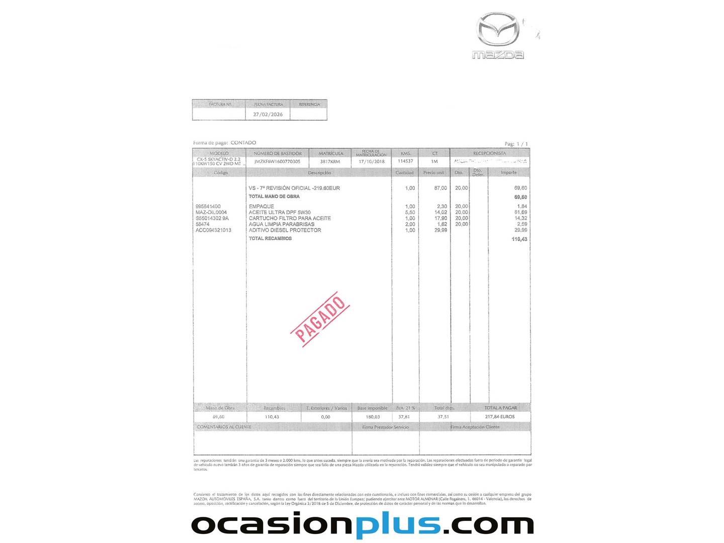 Foto del mantenimiento del Mazda CX-5 Mazda CX-5 2.2 D Zenith 2WD (150 CV)