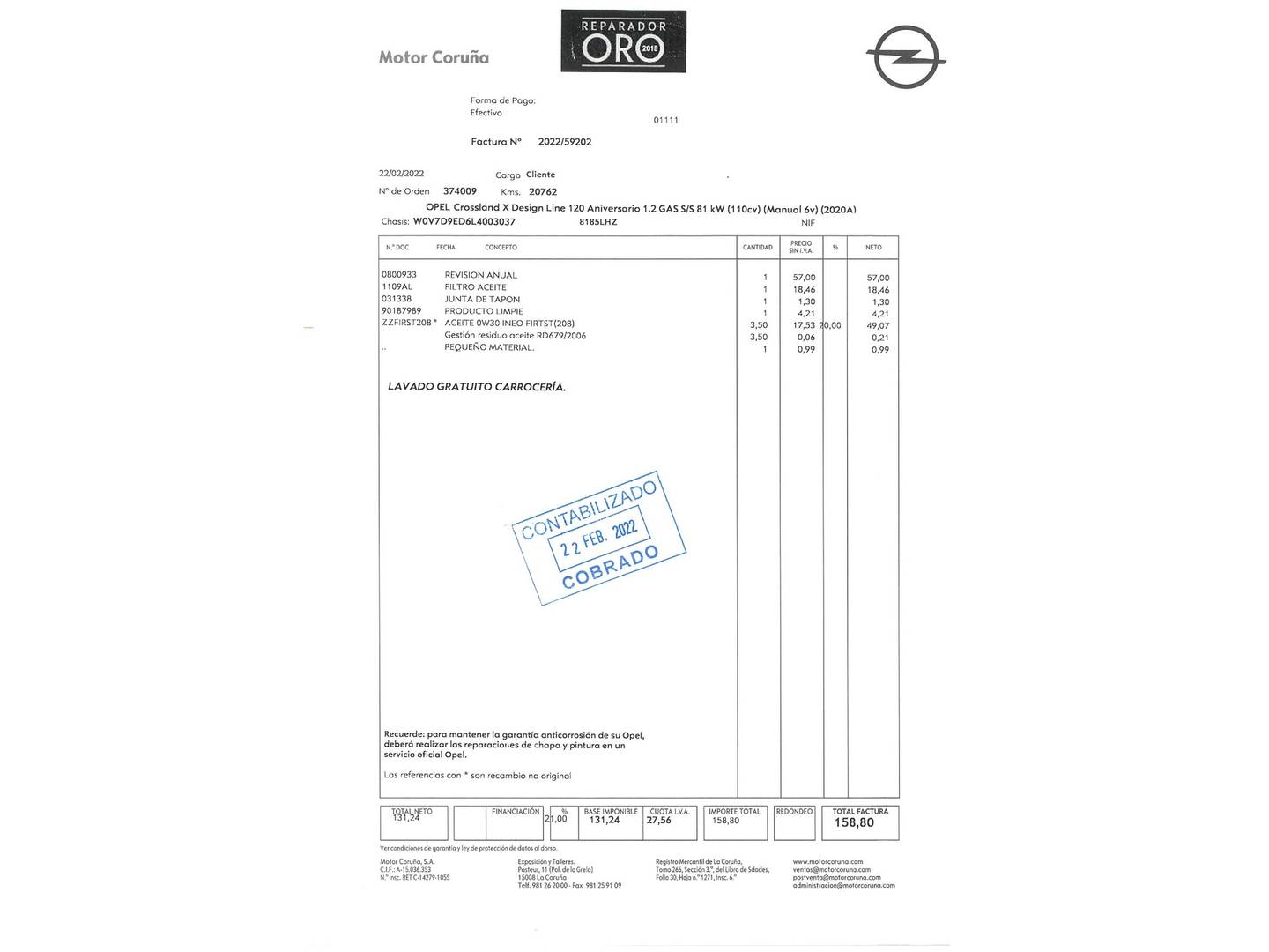 Foto del mantenimiento del Opel Crossland X Opel Crossland X 1.2 Design Line 120 Aniversario (110 CV)