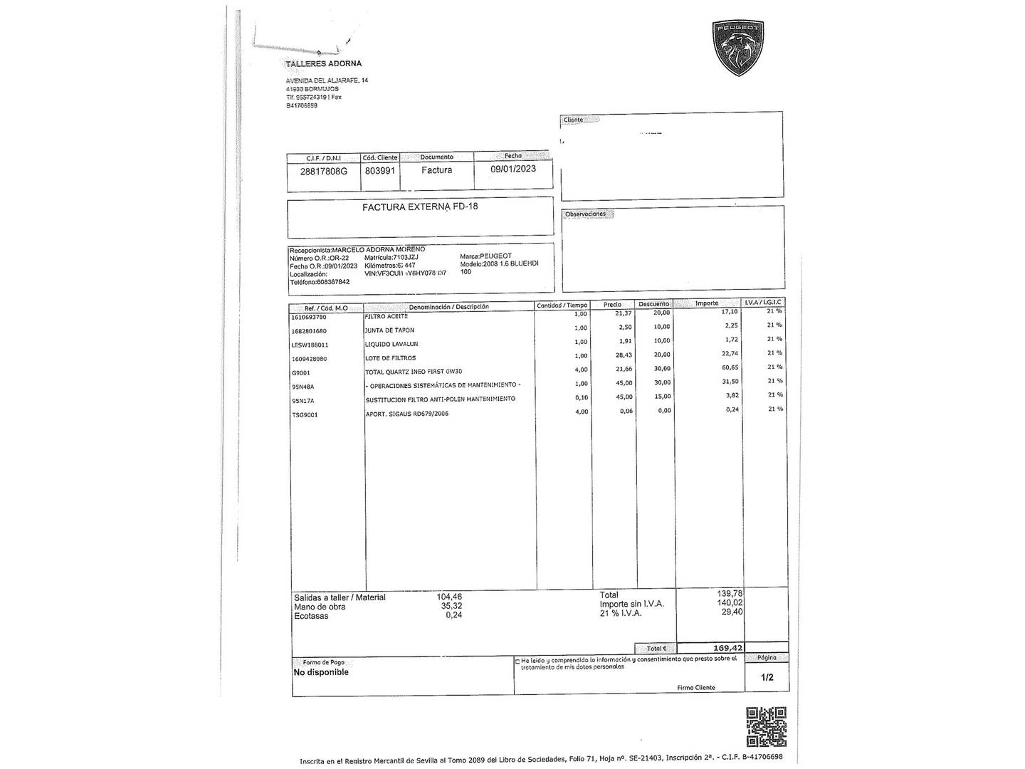 Foto del mantenimiento del Peugeot 2008 Peugeot 2008 BlueHDi 100 Allure (100 CV)