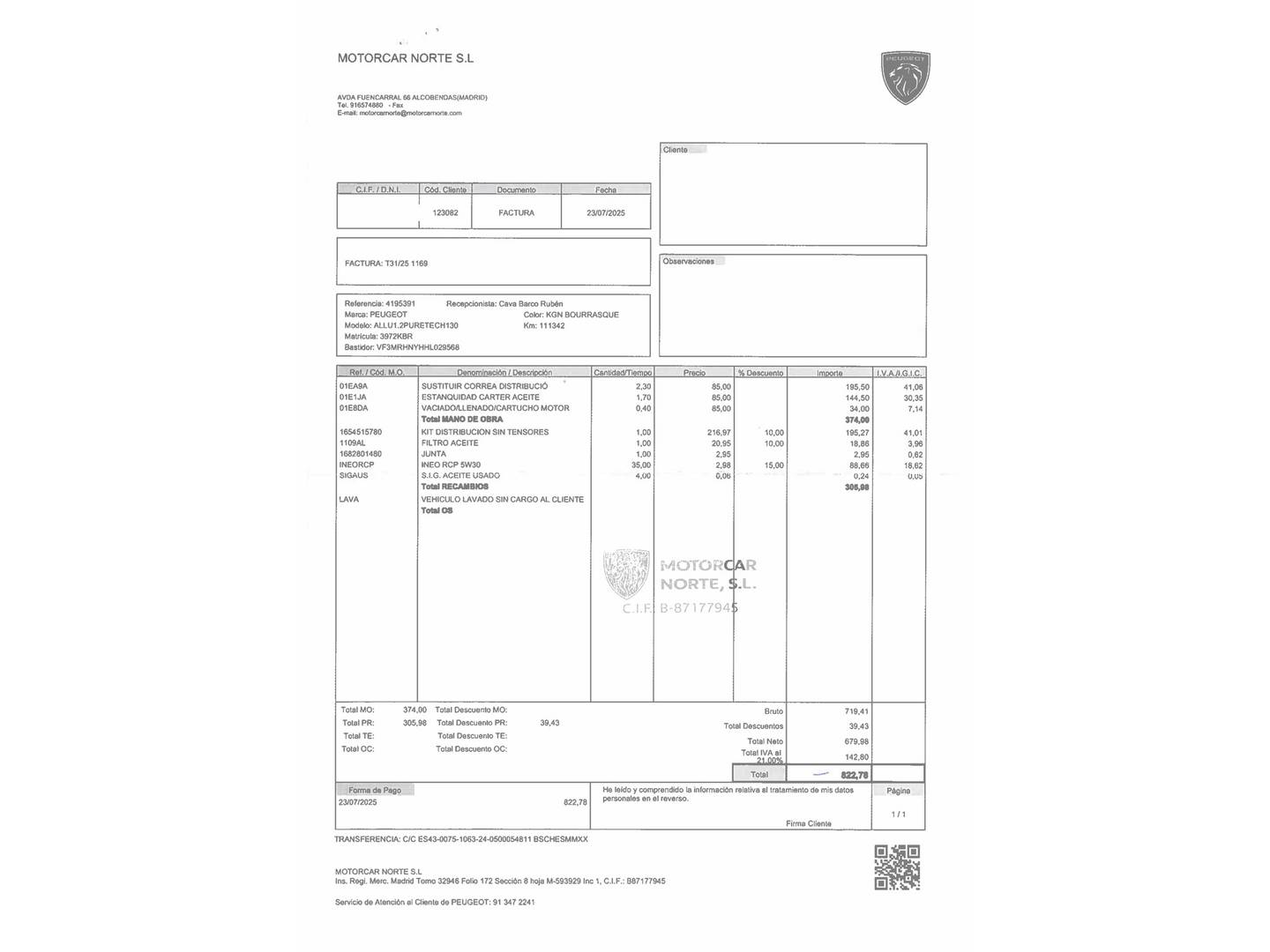 Foto del mantenimiento del Peugeot 5008 Peugeot 5008 PureTech 130 Allure (130 CV) 7 Plazas