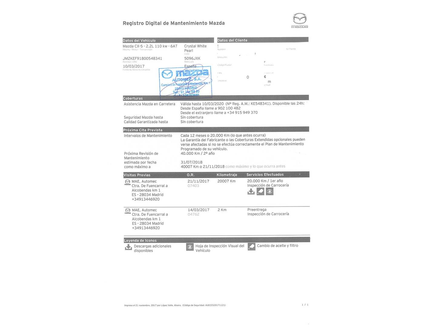 Foto del mantenimiento del Mazda CX-5 Mazda CX-5 2.2 DE Black Tech Edition 2WD Aut. (150 CV)