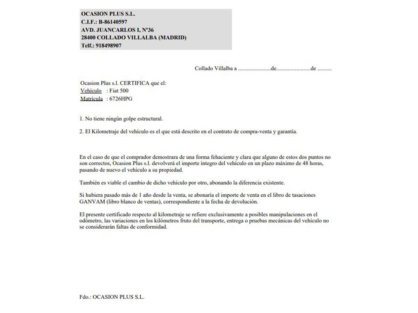 Foto del certificado del Fiat 500 Fiat 500 0.9 Turbo TwinAir Lounge (85 CV)