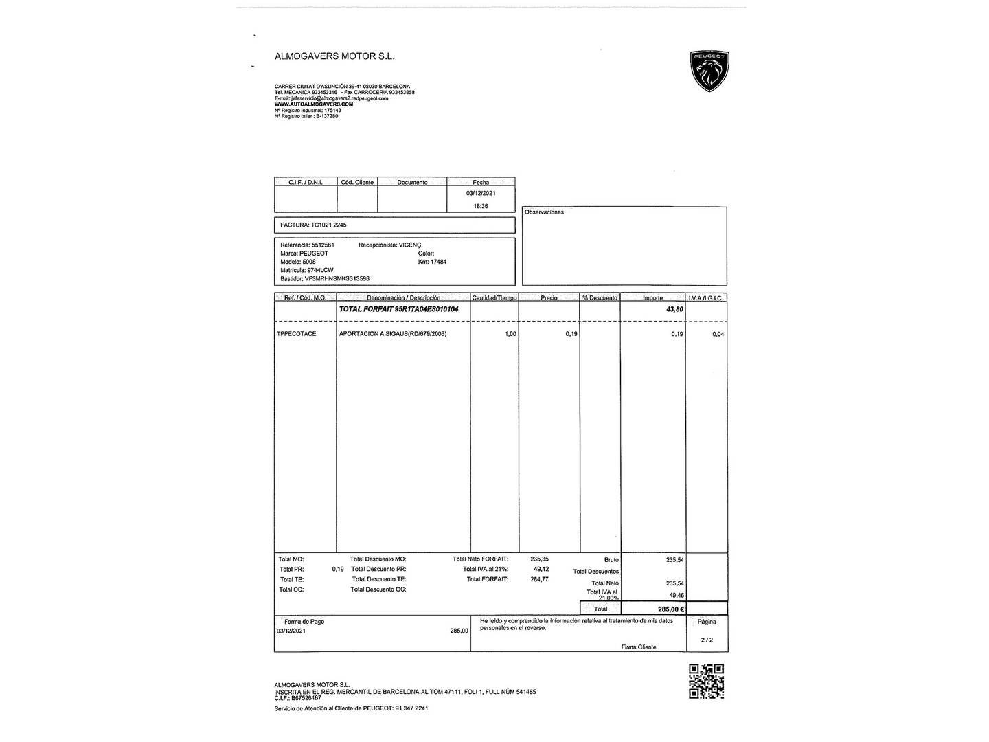 Foto del mantenimiento del Peugeot 5008 Peugeot 5008 PureTech 130 GT Line (130 CV) 7 Plazas
