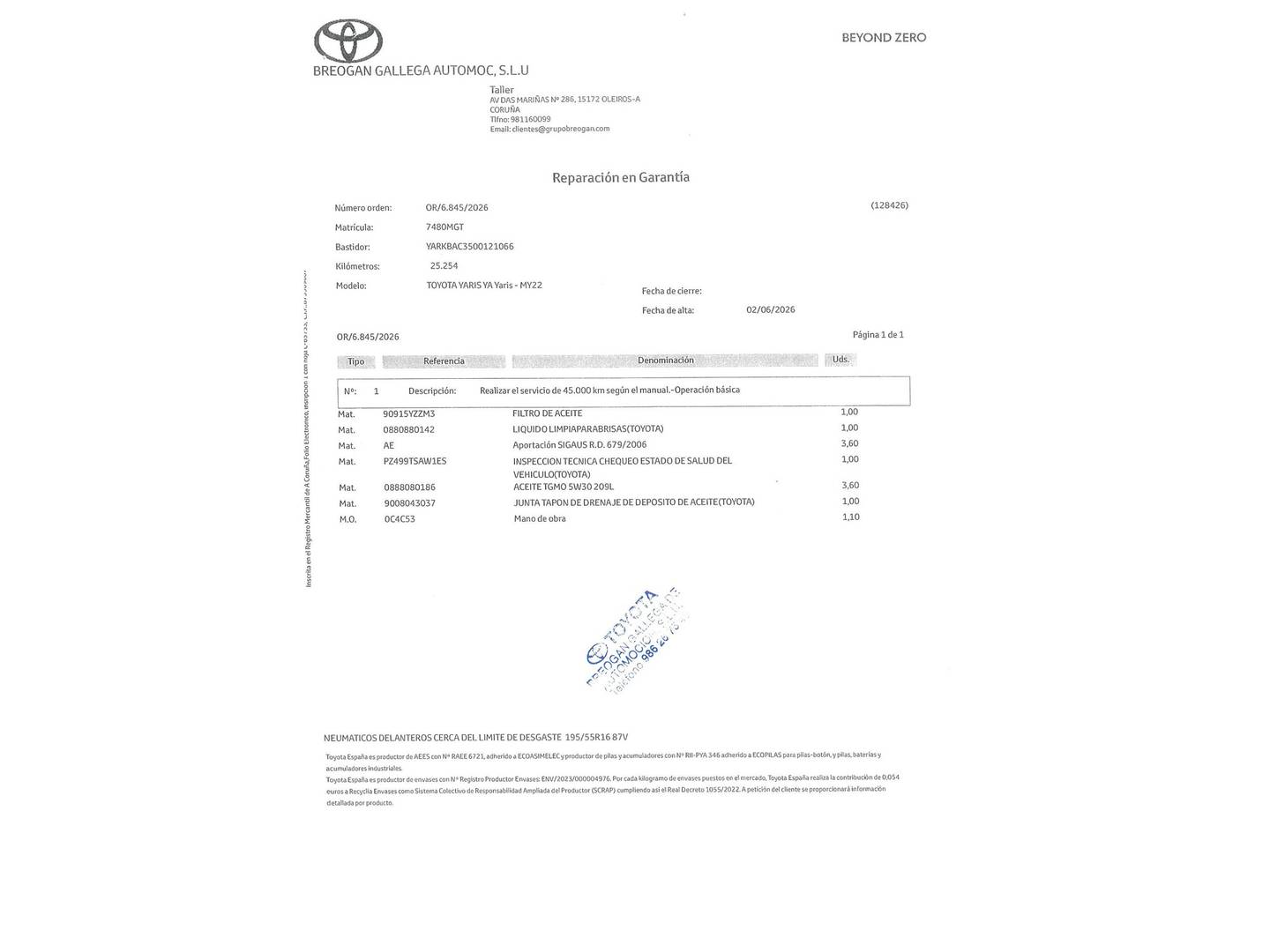 Foto del mantenimiento del Toyota Yaris Toyota Yaris 120H Active Tech (116 CV)