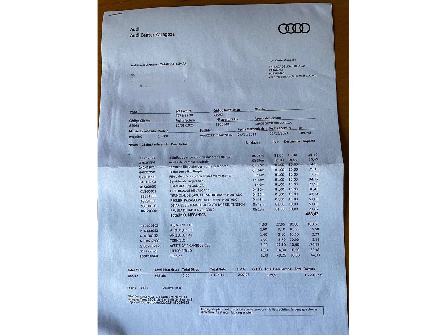 Foto del mantenimiento del Audi A3 Audi A3 Sportback Ambition 1.4 TFSI e-Tron (204 CV) S tronic