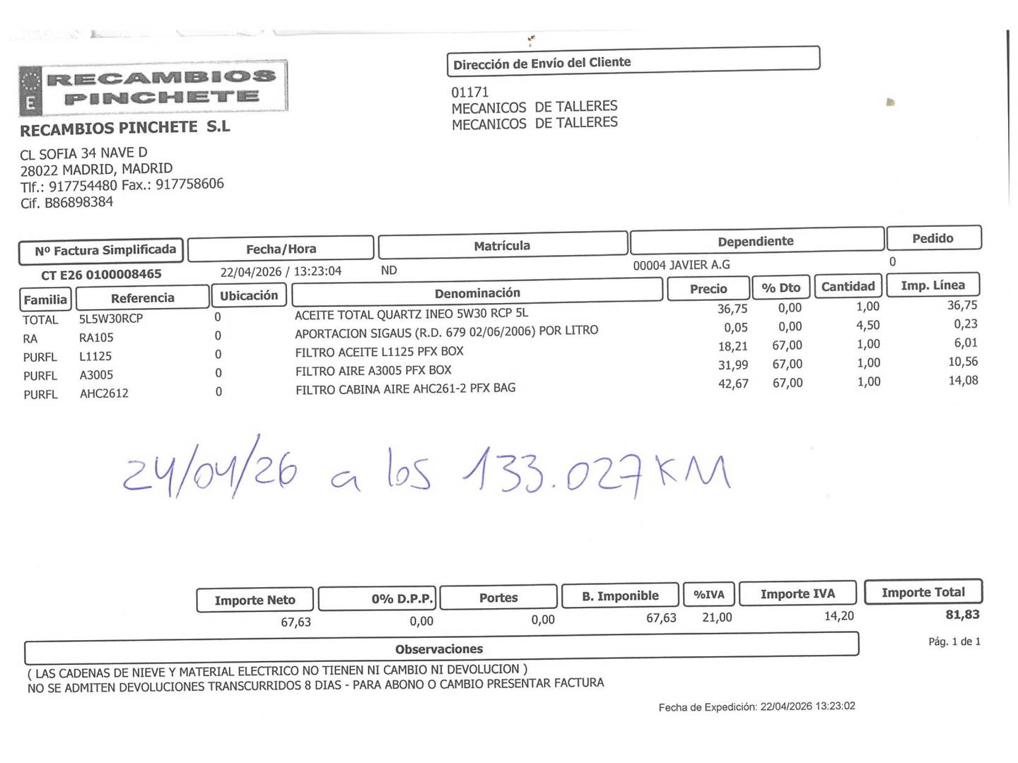 Foto del mantenimiento del Peugeot 3008 Peugeot 3008 1.5L BlueHDi (130CV) S&S Crossway